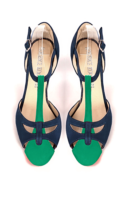 Emerald green and navy blue women's T-strap open side shoes. Round toe. High kitten heels. Top view - Florence KOOIJMAN
